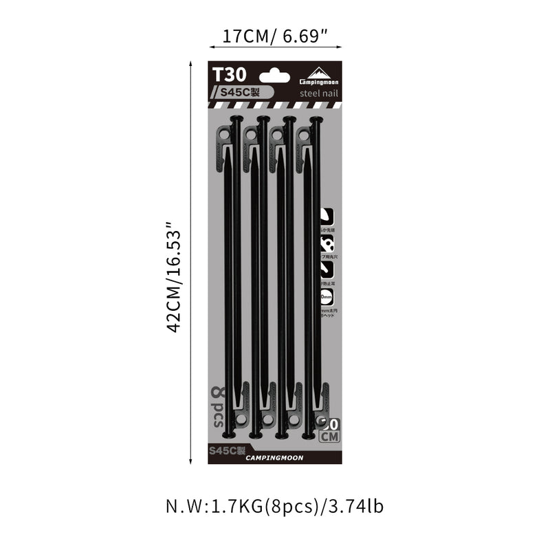 Load image into Gallery viewer, T-30-8P 8pcs Carbon Steel Tent Stakes, 11.81", Black Coating, Hard Ground,