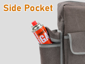 <b>Side pockets for gas fuel can</b>
Two pockets on two sides of this burner's storage bag.
You can put butane canister, Lindal valve isobutane canister or little propane canister in it.