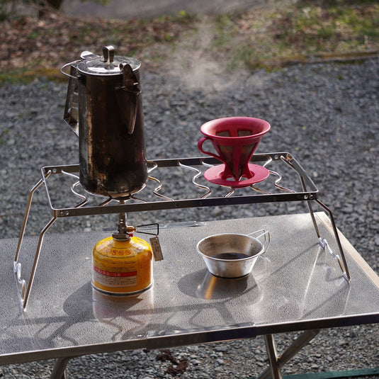 MS-1015 Folding 2-Height Adjustable Campfire Pot Stand - Stainless Steel with Storage Bag