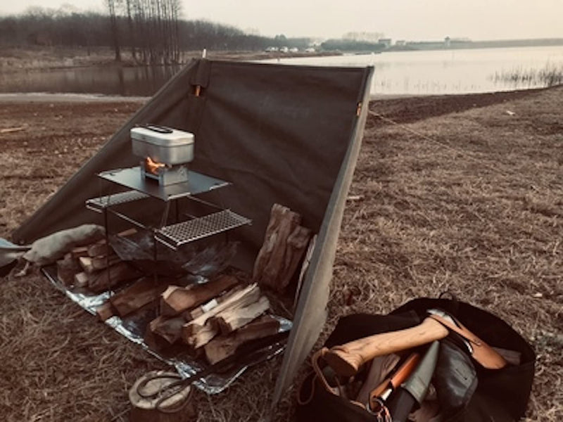 Load image into Gallery viewer, B-660 Windshield Camp Curtain Canvas Bonfire Reflector with Stainless Steel Pole Storage Case Khaki Color