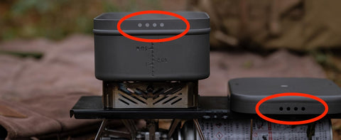 Useful for people who cook with mess tins When you don't want steam to escape, such as when cooking rice, you can turn the lid 180 degrees backwards to close the holes.