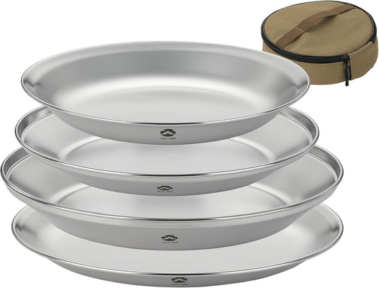 S397-1S 4-Piece Stainless Steel Camping Plates Set with Canvas Carry Bag