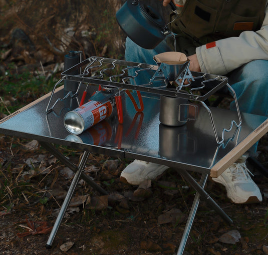 MS-1013 Folding 2-Height Adjustable Campfire Pot Stand - 18'' Stainless Steel with Storage Bag