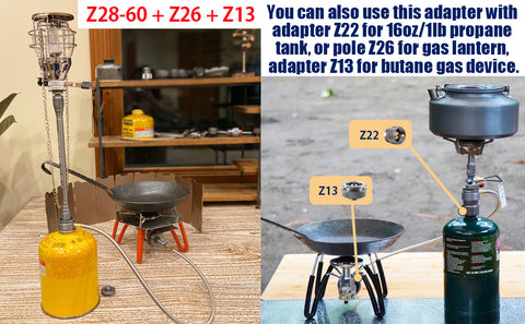 This is a two outlets adapter compatible with isobutane gas canister with EN417 Lindal Valve (screw-on type canister).
There are some manufacturers who produce such gas cartridge for camping, backpacking, hunting, BBQ, barbecue and other outdoor occasions.
Inlet(one) : EN417 Lindal Valve Canister
Outlet(two) : EN417 Lindal Valve (male thread)
