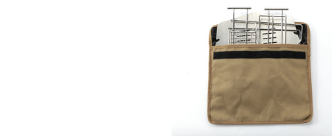 Canvas storage bag.
When stored in the dedicated case, it fits almost into A4 size.
