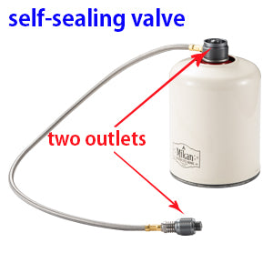 BUILT-IN CHECK VALVE
This two outlets adapter Z28-60 is equipped with a check-valve (self-sealing valve) & O-ring, therefore it won't leak when connect it to gas canister.
(Note: Be sure to remove the adapter from the canister after using.)