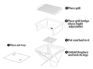 EASY ASSEMBLY & FOLDING
This portable camping grill is easy to set up as shown in the above picture, and it is also easy to fold it into the storage bag.