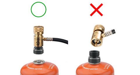 Connect the adapter to the gas device first
Not equipped with a check-valve(self-sealing valve), so it will leak when the gas canister is not connected to a device.
Connect the adapter to the gas device first, otherwise the gas will leak from gas canister.