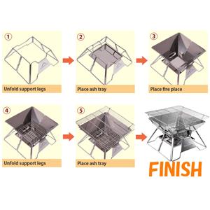 EASY ASSEMBLY & FOLDING
This portable camping grill is easy to assemble as shown in the above picture, and it is also easy to fold it into the storage bag.