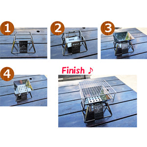 EASY ASSEMBLY & FOLDING
This small size camping grill is easy to assemble as shown in the above picture, and it is also easy to fold it into the storage bag.
If you assembled this charcoal grill once, it's easy enough to assemble without an instruction.