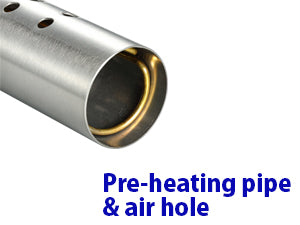 HIGH COMBUSTION
Equipped with a heat-exchanger inside the tip of this butane gas torch, it improves combustion efficiency by instantly vaporizing it.