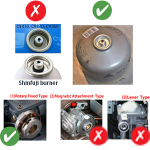 APPLICABLE EXAMPLES
It can be used on butane gas fuel devices.
This is a product compatible with general screw-on type(EN417 Lindal Valve) canister.
There are some manufacturers such as Coleman, Primus, Snow Peak, Soto, EPI, MSR, Jetboil, etc... who produce such gas cartridge for camping, backpacking, hunting, BBQ, barbecue and other outdoor occasions.