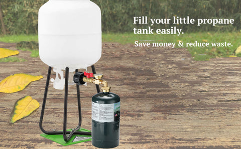 Place your 5-40lb propane tank upside down. Ensure all valves are closed. Attach the adapter's QCC-1 connector to the valve of the larger tank and securely tighten it.