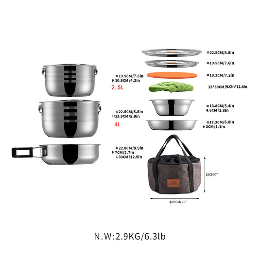 camping essgeschirr MC-210 Stainless Steel Camping Mess Kit – Outdoor Pots & Pans Set with Carrying Bag for Hiking & Camping Cooking – Campingmoon