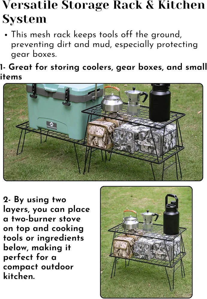 Cargue la imagen en el visor de la galería, CAMPINGMOON Foldable Camping Mesh Rack Lightweight Portable Camp Storage Shelf Slim Black Steel Frame Outdoor Kitchen Gear Organizer T-235, 23.6 x 13.8 x 9.1 in, 4.0 lb, 66 lb Load Capacity
