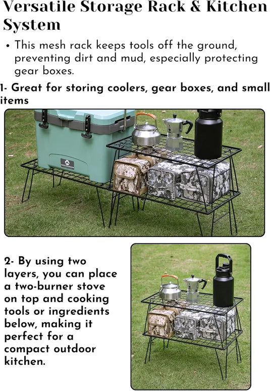 CAMPINGMOON Foldable Camping Mesh Rack Lightweight Portable Camp Storage Shelf Slim Black Steel Frame Outdoor Kitchen Gear Organizer T-235, 23.6 x 13.8 x 9.1 in, 4.0 lb, 66 lb Load Capacity