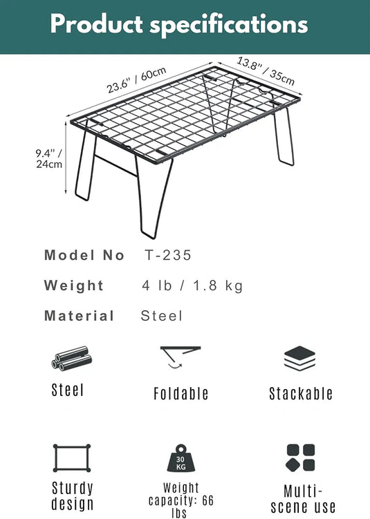 CAMPINGMOON Foldable Camping Mesh Rack Lightweight Portable Camp Storage Shelf Slim Black Steel Frame Outdoor Kitchen Gear Organizer T-235, 23.6 x 13.8 x 9.1 in, 4.0 lb, 66 lb Load Capacity