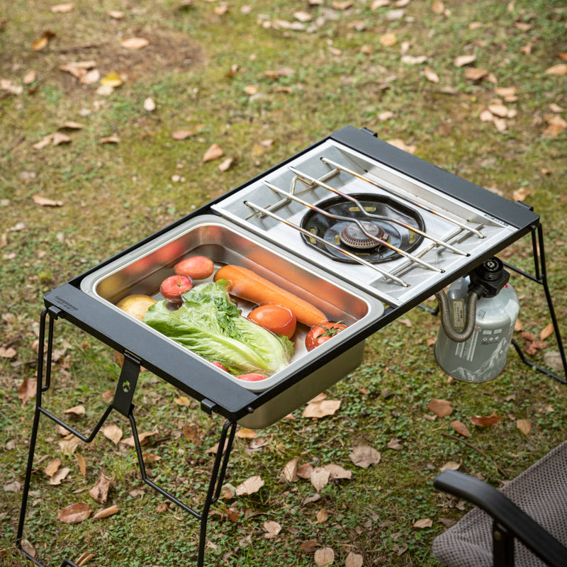 Load image into Gallery viewer, Portable camping stove with food and utensils on a grassy outdoor setting ck 26
