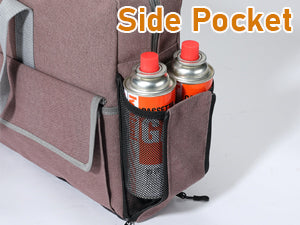 <b>Side pockets for gas fuel can</b>
Two pockets on two sides of this burner's storage bag.

You can put butane canister, Lindal valve isobutane canister or little propane canister in it.
