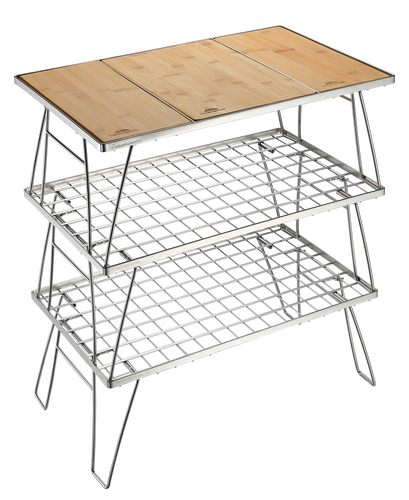 CK-3-CP Camping IGT Grill Table Foldable w/Bamboo Top Plate Stainless Steel Triple-Tier