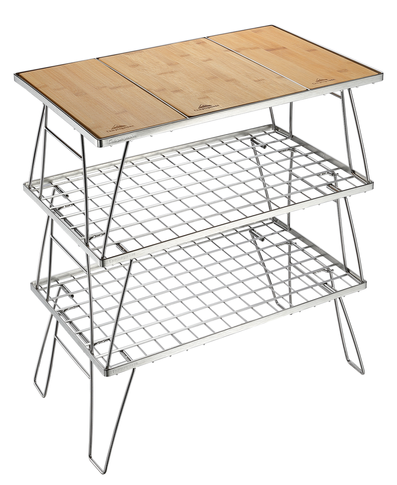 Load image into Gallery viewer, CK-3-CP Camping IGT Grill Table Foldable w/Bamboo Top Plate Stainless Steel Triple-Tier
