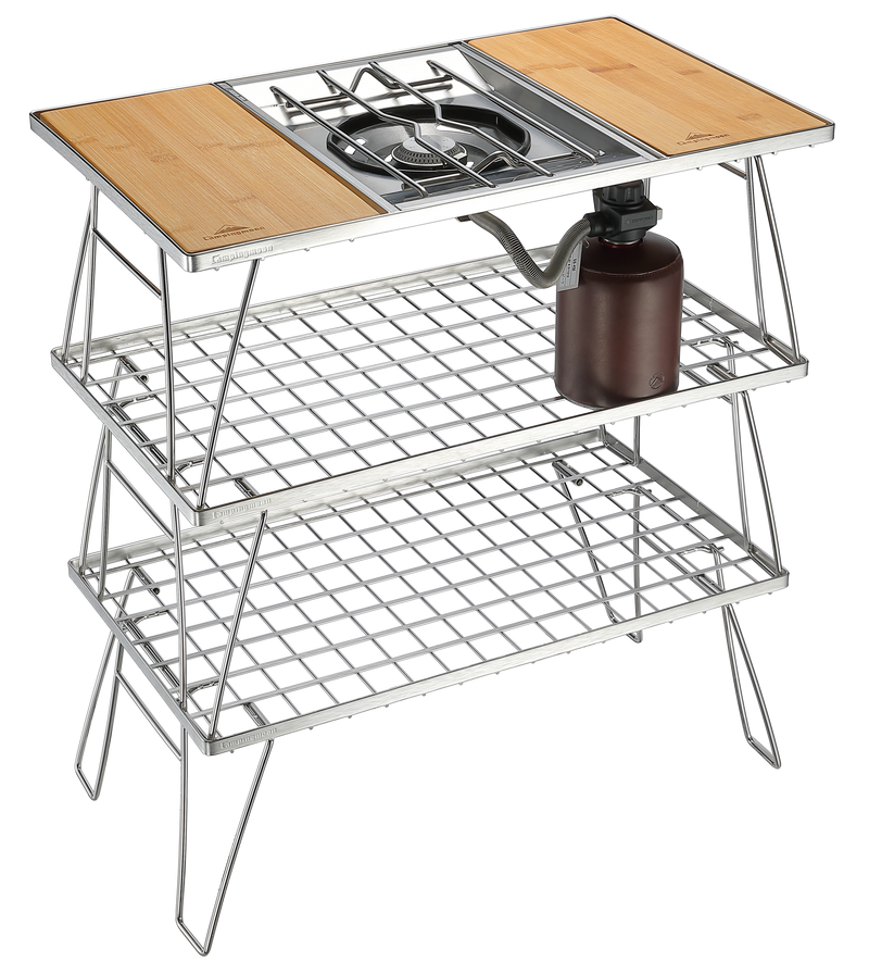 Load image into Gallery viewer, CK-3 Camping IGT Grill Table Foldable w/Storage Bag Stainless Steel Triple-Tier
