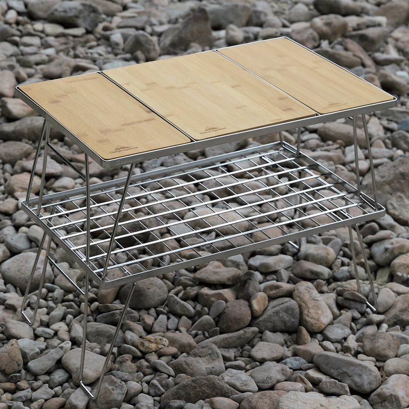 Load image into Gallery viewer, CK-2-CP Camping IGT Grill Table Foldable w/Bamboo Top Plate Stainless Steel Double-tier
