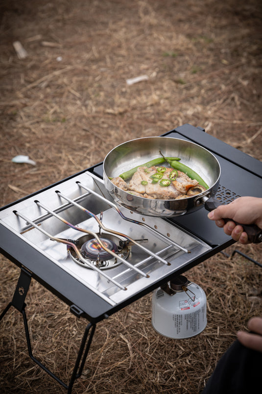 campingtisch zum kochen CAMPINGMOON Kanister Top Herd Platte Edelstahlrahmen IGT Tischplatte Gasbrenner