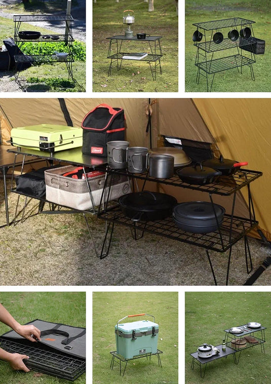 CAMPINGMOON Foldable Camping Mesh Rack Lightweight Portable Camp Storage Shelf Slim Black Steel Frame Outdoor Kitchen Gear Organizer T-235, 23.6 x 13.8 x 9.1 in, 4.0 lb, 66 lb Load Capacity