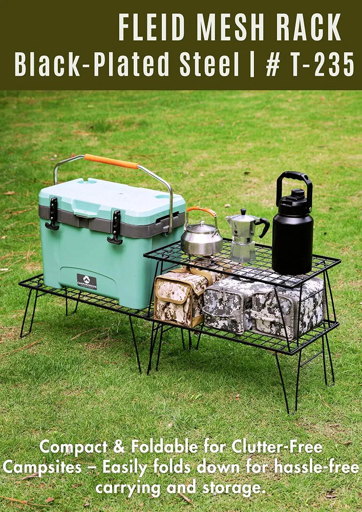 Cargue la imagen en el visor de la galería, CAMPINGMOON Foldable Camping Mesh Rack Lightweight Portable Camp Storage Shelf Slim Black Steel Frame Outdoor Kitchen Gear Organizer T-235, 23.6 x 13.8 x 9.1 in, 4.0 lb, 66 lb Load Capacity
